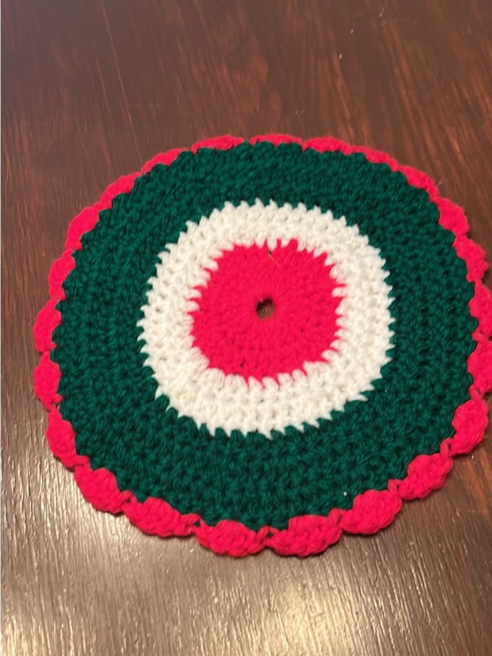 Handmade Crochet Round Trivet - Green, White & Red 7 1/2 in